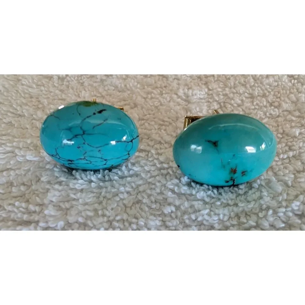 Vintage Turquoise Style Oval Cufflinks Gold Tone Southwestern Boho